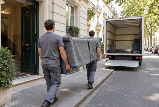 Deux déménageurs portent un meuble protégé vers un camion garé devant un immeuble