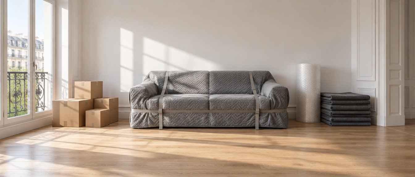 Un canapé emballé dans une housse matelassée et sanglé, posé contre un mur, à côté d'un rouleau de papier bulle et de couvertures de déménagement pliées